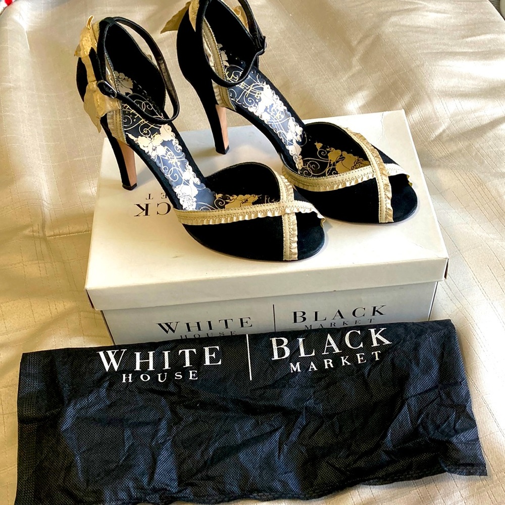 White House, Black Market Black Suede Peep-toe with satin edges